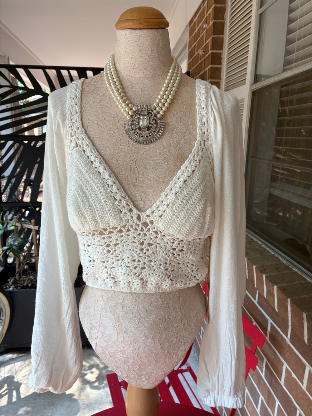 Surf Gypsy Cream Crochet Knit Crop Top with Long Sheer Sleeves